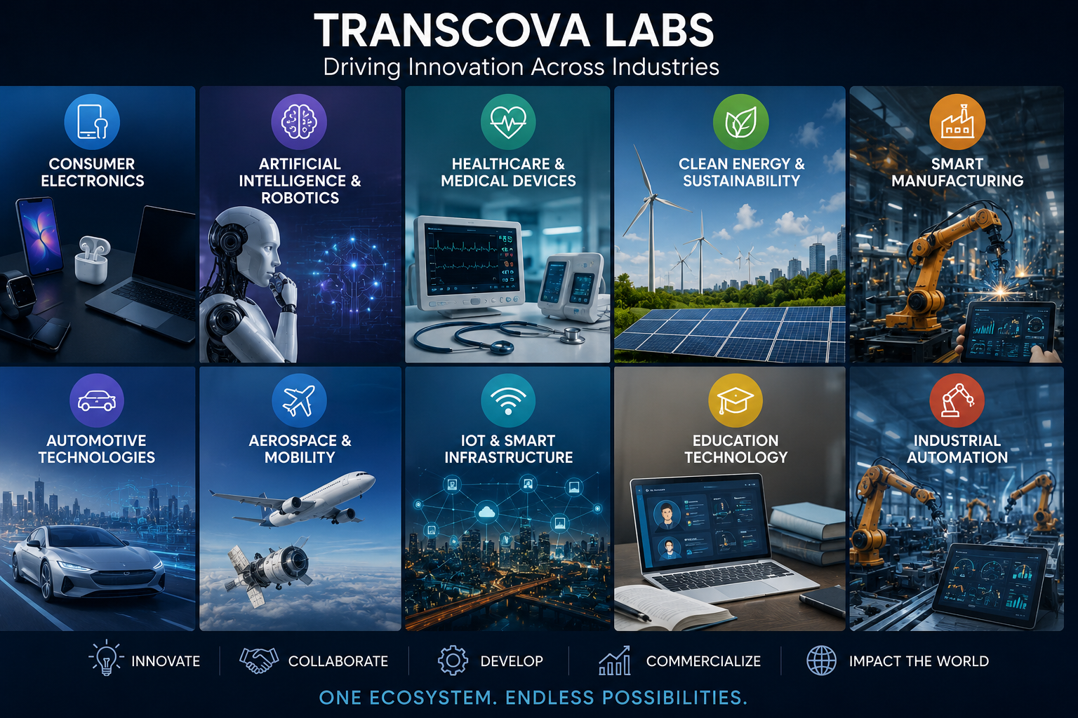 Industries we support — Consumer Electronics, AI, Healthcare, Clean Energy, and more